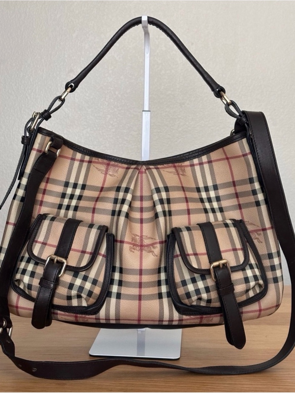 Burberry Tan Check Shoulder Bag with Dark Brown Leather Trim